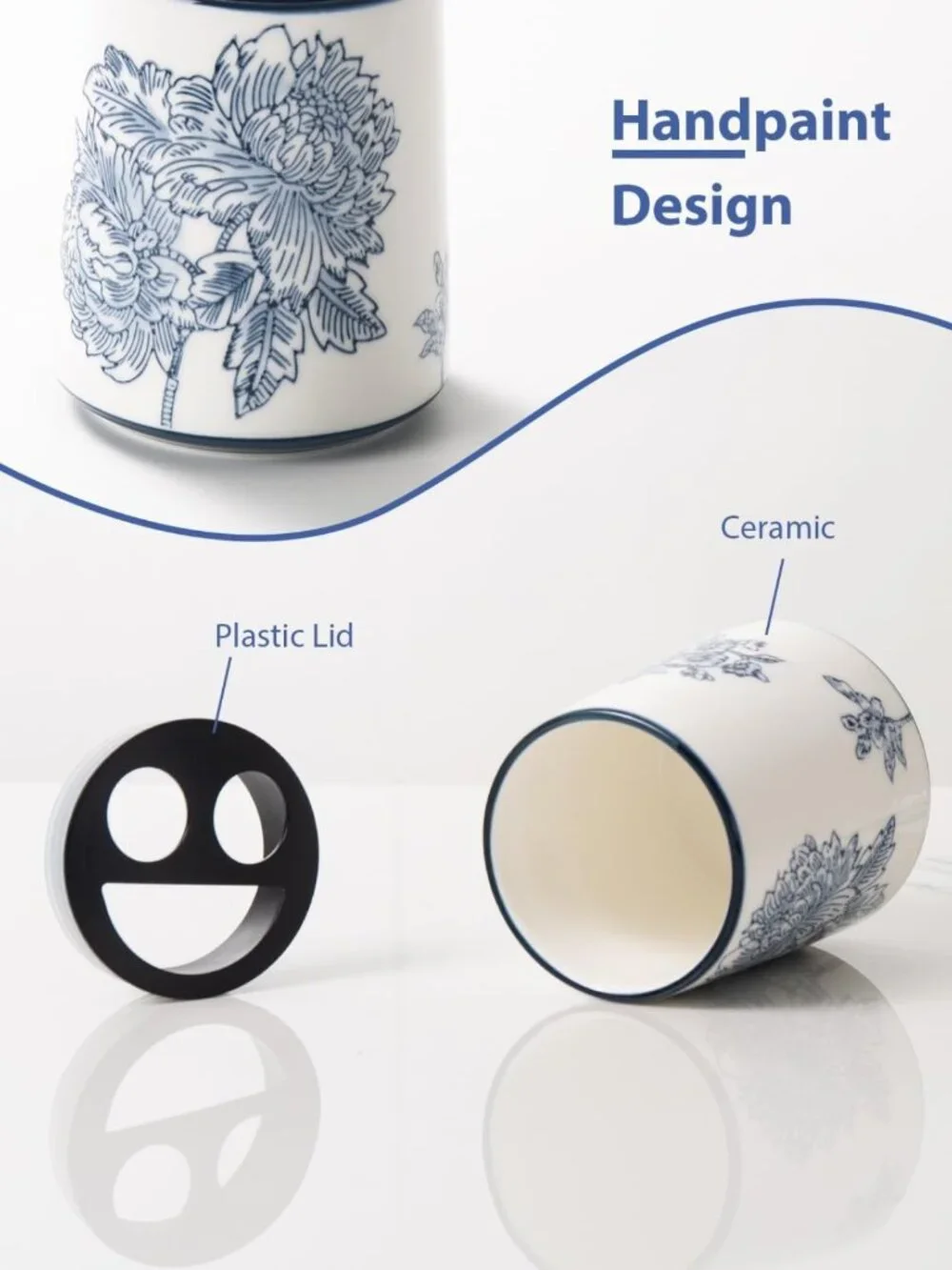 Ceramic Toothbrush Holder for Bathroom, Chinoiserie Makeup Brush Cup, Floral